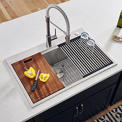 Ruvati 33 x 22 inch Workstation Drop-in Topmount Kitchen Sink 16 Gauge Stainless Steel Single Bowl - RVH8003 Ruvati 33 x 22 inch Workstation Drop-in Topmount Kitchen Sink 16 Gauge Stainless Steel Single Bowl - RVH8003