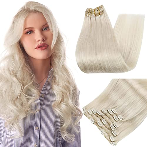 Full Shine Blonde Clip in Hair Extensions 10 Inch Remy Clip in Human Hair Extensions Short Hair Color 60 Platinum Blonde Clip in Extensions Straight Double Weft Clip in Hair Extensions 90 Grams