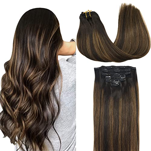 GOO GOO Clip in Hair Extensions Human Hair Balayage Dark Brown to Chestnut Brown 7pcs 120g 16 Inch Remy Human Hair Extensions Clip in Straight Thick Real Hair Extensions