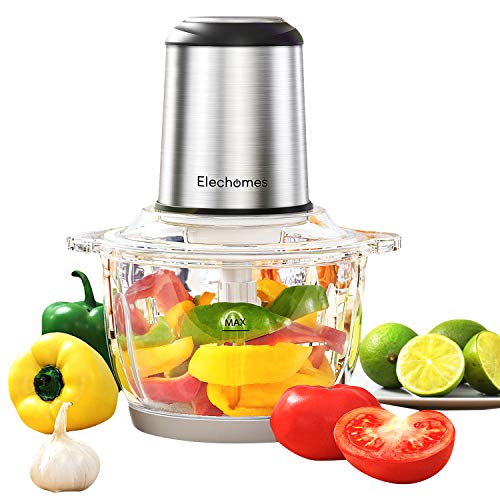 Electric Food Processor & Vegetable Chopper, Elechomes High Capacity 8-Cup Blender Grinder for Meat, Onion, Powerful 300W Motor & 4 Detachable Dual Layer Stainless Steel Blades, BPA-Free Glass Bowl