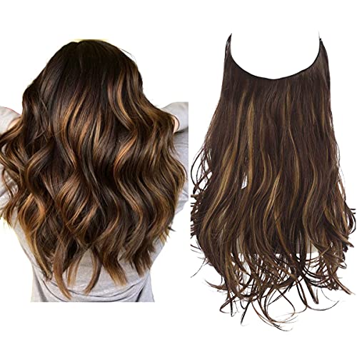 SARLA Highlight Invisible Wire Hair Extensions Dark Brown With Golden Wavy Curly Adjustable Headband Synthetic Hairpiece Long 18 Inch 4.2 Oz for Women Heat Friendly Fiber No Clip