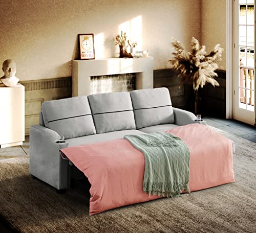 Melpomene Convertible Sectional Sofa Couch Pull Out Bed Sleeper Sofa with Storage 3 Seater L Shaped Couch Linen Upholstered Fabric Corner Sofa with 2 Cupholders for Living Room (Grey)