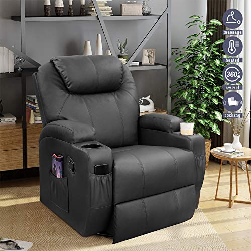 Furniwell Recliner Chair PU Leather Chair with Massage Function Adjustable Home Theater Seating Heated Overstuffed Single Sofa 360° Swivel and Rocking Sofa (Black)