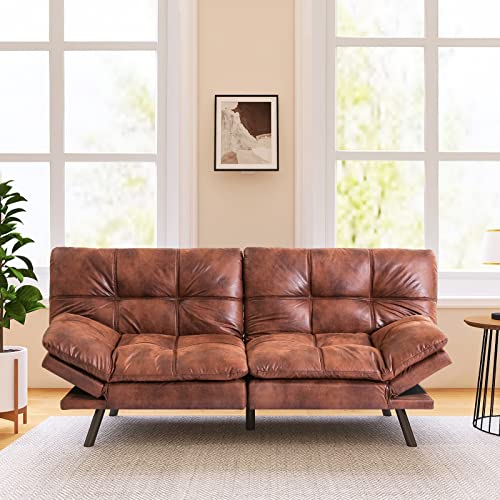 Vyfipt Futon Sofa Bed/Couch, Memory Foam Small Splitback Sofa for Living Room,Modern Loveseat with Covertible Armrests,71" W,Faux Leather/3" Cushion Thicker Version/Brown