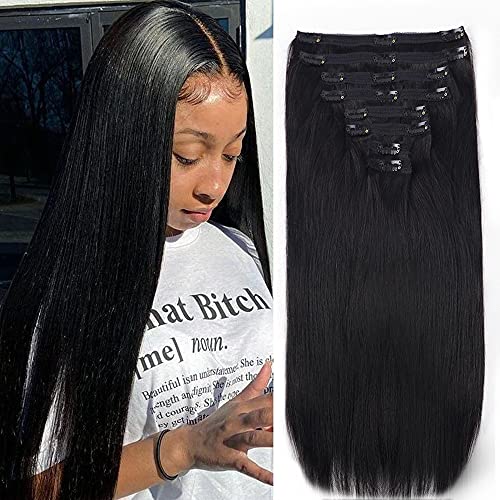 26Inch Clip in Hair Extensions Real Human Hair Straight 8Pcs Remy Hair Extensions Clip in Human Hair with 18Clips Double Lace Weft 120g #1B Natural Black