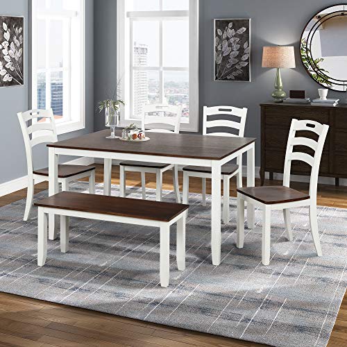 Harper & Bright Designs 6 Piece Dining Table Set with Bench, Wood Kitchen Table Set with Table and 4 Chairs, Ivory White and Cherry Harper & Bright Designs 6 Piece Dining Table Set with Bench, Wood Kitchen Table Set with Table and 4 Chairs, Ivory White and Cherry