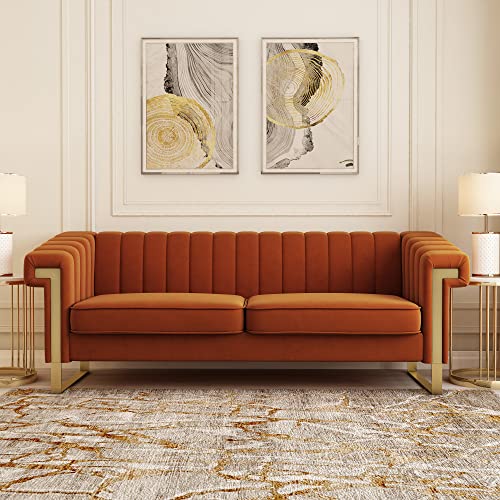Orange Velvet Couch Sofa, 84 Wide Mid-Century Modern Love Seat Tufted Chesterfield Velvet Sofa Loveseat Futon with Curved Arm Gold Leg, 3 Seat Large Comfy Couches Sofas for Livingroom (Orange)