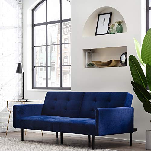 Edenbrook Gilman Futon - Futon Sofa Bed - Futon Couch - Small Futon - Living Room Furniture - Armed Sofa Bed Couch - Sofa - Navy Blue Velvet Futon