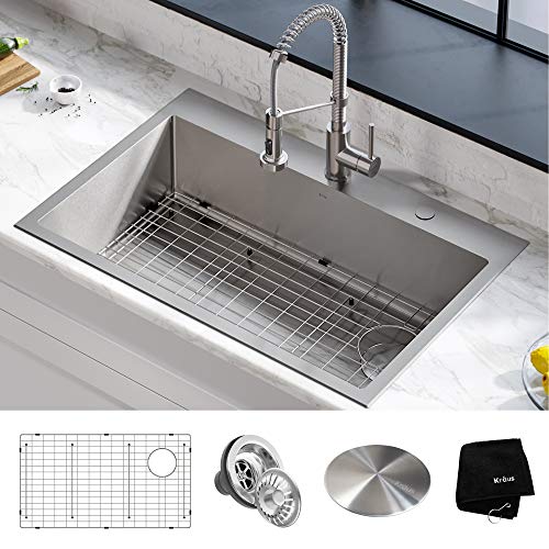 Kraus KHT410-33 Standart Pro Drop-in Topmount 18 Gauge Single Bowl 2-Hole Stainless Steel Set (5 Item Bundle: Sink, Bottom Grid, Assembly, Drain Cap, Kitchen Towel), 33 Inch, Tight Radius