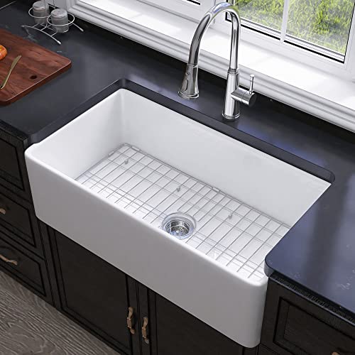 Miuara Farmhouse Sink - 33 Inch Fireclay White Farmhouse Sink Large & Deep Apron Front Kitchen Sink Single Bowl Undermount Farm Sink 33x18x10 with Custom Bottom Grid & Kitche Sink Strainer