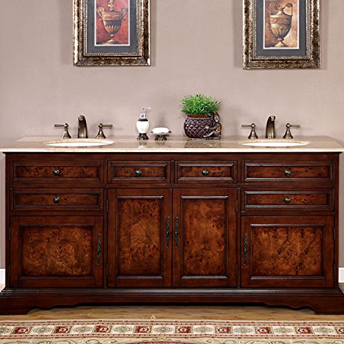 Silkroad Exclusive Travertine Stone Top Double Sink Bathroom Vanity with Bath Cabinet, 72", Medium Wood