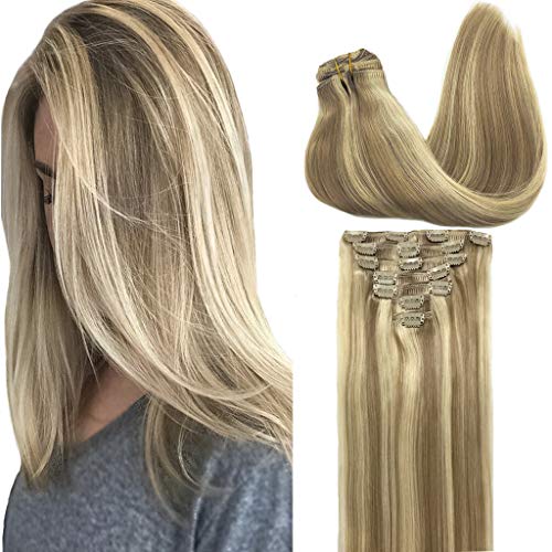 GOO GOO Clip-in Hair Extensions for Women, Soft & Natural, Handmade Real Human Hair Extensions,Light Blonde Highlighted Golden Blonde, Long, Straight #(P16/22) , 7pcs 120g 16 inches