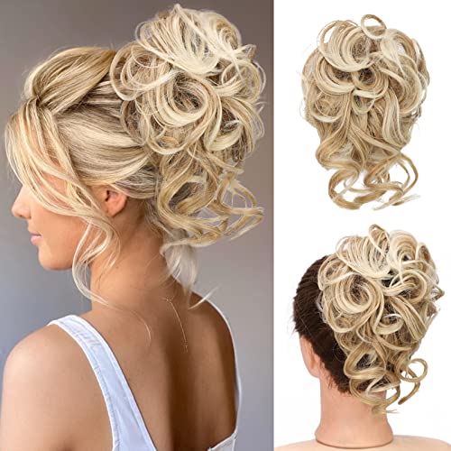 Messy Bun Hair Piece, Messy Hair Bun Scrunchies for Women Tousled Updo Bun Synthetic Wavy Curly Chignon Ponytail Hairpiece for Daily Wear(27/613#:Strawberry Blonde & Bleach Blond Mixed)