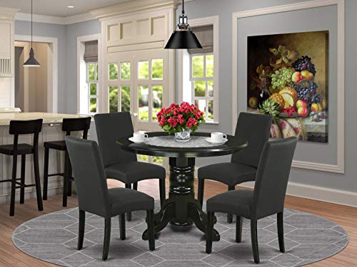 EAST WEST FURNITURE 5Pc Rounded 42 Inch Dining Table And Four Parson Chair With Black Finish Leg And Linen Fabric- Black Color EAST WEST FURNITURE 5Pc Rounded 42 Inch Dining Table And Four Parson Chair With Black Finish Leg And Linen Fabric- Black Color