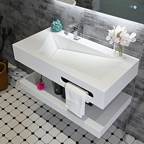 Gesipor 36"x19" Wall-Mount Double Stone Resin Bathroom Sink Rectangular Vessel Sinks for Bathroom Floating Vanity Sink Trough (Mirror Not Included)