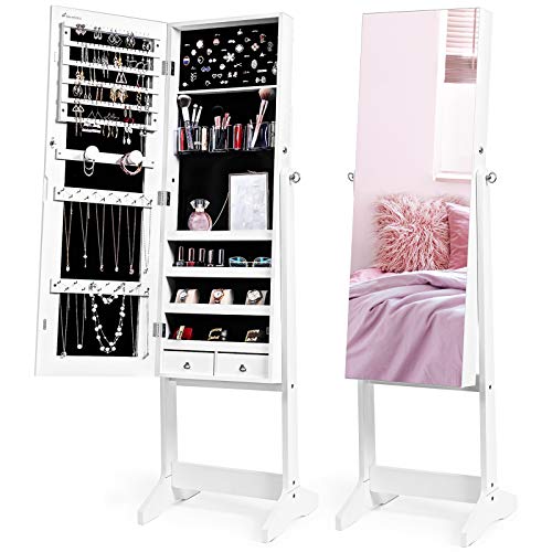 Nicetree Jewelry Cabinet with Full-Length Mirror, Standing Lockable Jewelry Armoire Mirror Organizer, 3 Angel Adjustable, White Nicetree Jewelry Cabinet with Full-Length Mirror, Standing Lockable Jewelry Armoire Mirror Organizer, 3 Angel Adjustable, White