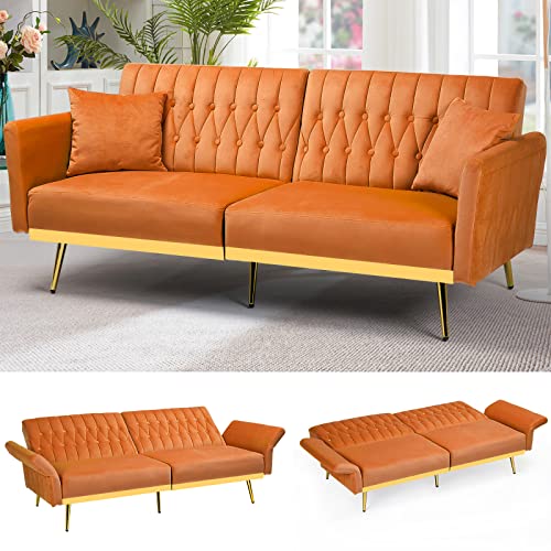 ACMEASE 69” Velvet Futon Sofa Bed w/Adjustable Armrests & 2 Pillows, Convertible Futon Couch, Modern Sleeper Bed for Living Room, Bedroom, Orange