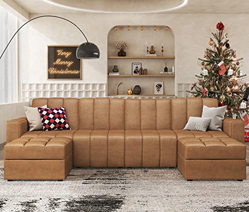 HONBAY Convertible Sectional Sofa Tufted U Shaped Couch with Storage Ottoman Modular Sectional Sofa with Chaise, Cramel Brown