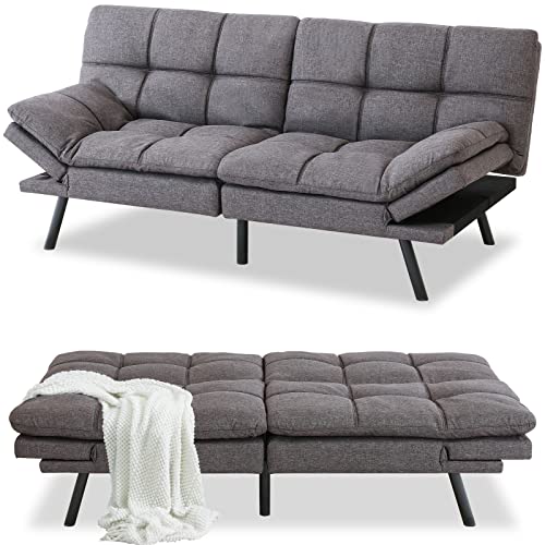 MUUEGM Futon Sofa Bed Couch Linen Memory Foam Futon Bed,Modern Sofas for Living Room,Convertible Sleeper Sofa w/Removable Armrests,Love Seat for Compact Living Spaces Offices Dorm Bonus Room,Grey
