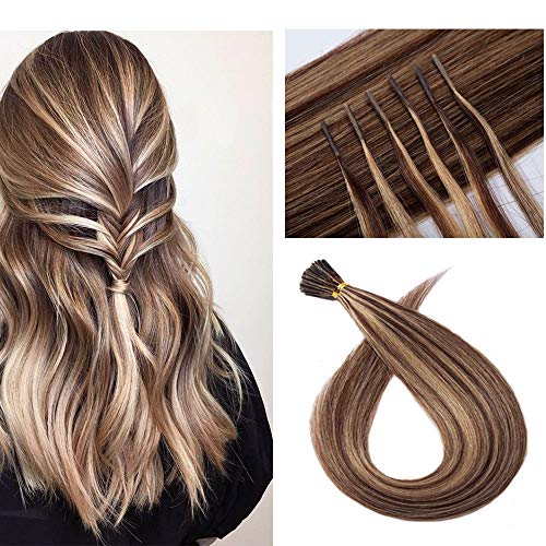 100 Strands/Pack I Tip Remy Human Hair Extensions 16 Inches Cold Fusion Hair Piece Pre Bonded Keratin Stick In Hair Extensions Long Straight For Women #4P27 Medium Brown&Dark Blonde 50g