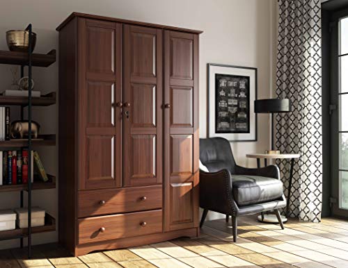 Palace Imports 100% Solid Wood Grand Wardrobe/Armoire/Closet, Mocha, 46" W x 72" H x 21" D. 4 Small Shelves, 1 Clothing Rod, 2 Drawers, 1 Lock Included. Additional Large Shelves Sold Separately.