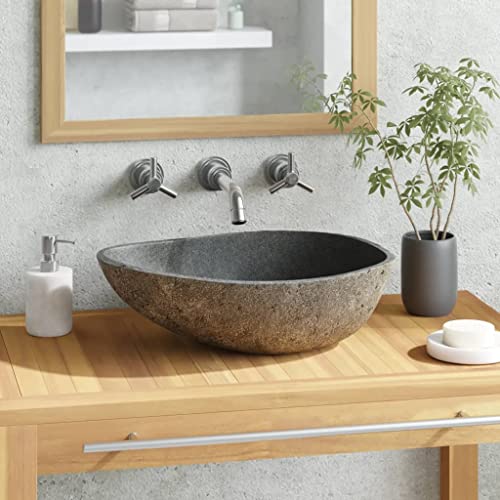 vidaXL Basin Home Indoor Decor Bathroom Washroom Powder Room Sink Wash Bowl Vanity Vessel Natural Stone Basin River Stone Oval 14.6"-18.1"