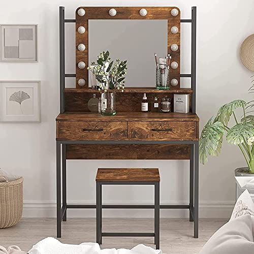 Fameill Makeup Vanity with Lights,Vanity Desk with Drawer,Vanity Table Set with Lighted Mirror,3 Color Dimmable Makeup Desk for Bedroom,Rustic Brown Fameill Makeup Vanity with Lights,Vanity Desk with Drawer,Vanity Table Set with Lighted Mirror,3 Color Dimmable Makeup Desk for Bedroom,Rustic Brown