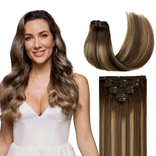 GOO GOO Clip-in Hair Extensions for Women, Soft & Natural, Handmade Real Human Hair Extensions, Chocolate Brown to Caramel Blonde, Long, Straight #(4/27)/4, 7pcs 120g 18 inches