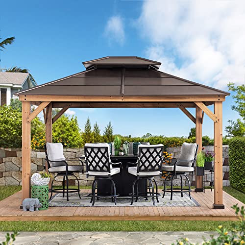 Sunjoy Hardtop Gazebo 11' X 13' Cedar Framed Wood Gazebo with Brown Double Steel Hardtop Roof Permanent Canopy for Garden, Backyard Shade