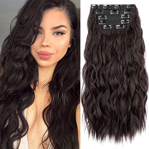 Clip In Hair Extensions 20 Inch 6PCS Long Synthetic Dark Brown Thick Wavy Curly Clip Ins Hair Extensions Double Weft Hairpieces Full Head For Women (20 Inch, 230G, Dark Brown)