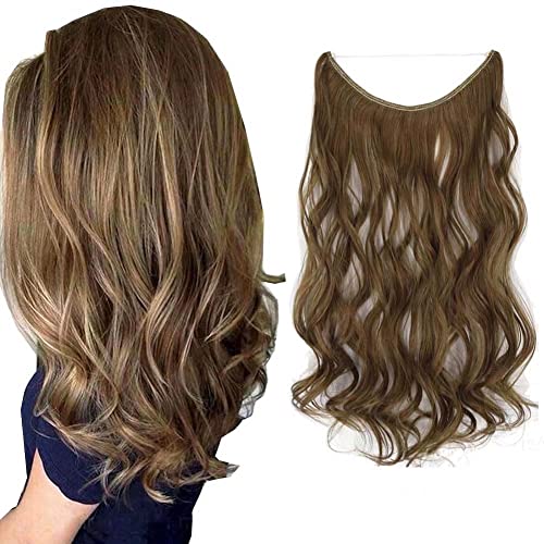 iLUU Hair Extensions Natural Synthetic Hair 18inch 80g Long Thick Wavy Hairpieces #12/24 Light Golden Brown and Golden Blonde Piano Color Invisible Fish Line Wire Curly Hair Extensions