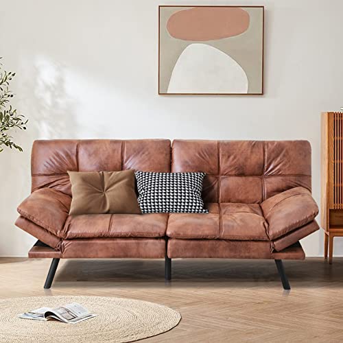Opoiar Futon Sofa Bed Modern, Memory Foam Futon Sofa Bed Couch Sleeper Convertible Futon Couch, Memory Foam Couch Convertible Loveseat for Living Room, Apartment, Studio, Brown