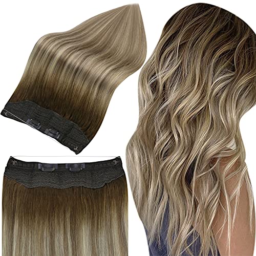 Full Shine Invisible Wire Hair Extensions Human Hair 14Inch Fish Line Couture Hair Extensions 80 Grams Brown Mix With Blonde Balayage Ombre Wire Hair Extensions