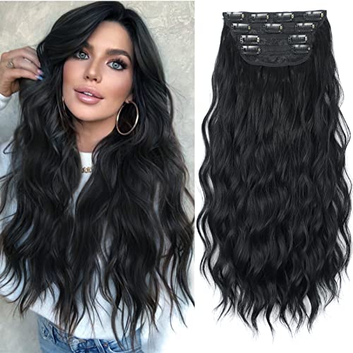 Stamped Glorious Clip in Hair Extensions Long Wavy Hair Extensions for Women 4pcs Long Hairpieces Synthetic Invisible Hair Extensions (20, 5-Black)