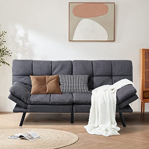 Opoiar Futon Sofa Bed Linen Convertible Memory Foam Couch Bed, Modern Sleeper Sofa for Living Room w/Removable Armrests, Futon Sets for Compact Living Spaces Offices Apartments Dorm Bonus Room,Grey