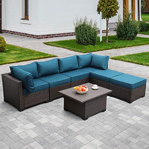 Outdoor Patio Dark Brown Rattan 7 Piece Sectional Set PE Wicker Conversation Sofa with Liftable Storage Table, Non-Slip 5" Thick Peacock Blue Cushion and Furniture Cover Outdoor Patio Dark Brown Rattan 7 Piece Sectional Set PE Wicker Conversation Sofa with Liftable Storage Table, Non-Slip 5" Thick Peacock Blue Cushion and Furniture Cover