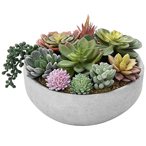 MyGift 8-Inch Faux Succulent Arrangement, Assorted Fake Plant in Gray Concrete Bowl Planter