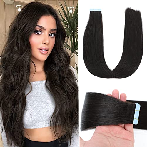 Tape in Hair Extensions Human Hair, Natural Black Real Human Hair Tape in Extensions 22 Inch, Remy Tape in Hair Extensions 20Pcs 50g, Straight Seamless Skin Weft Tape in Human Hair Extensions