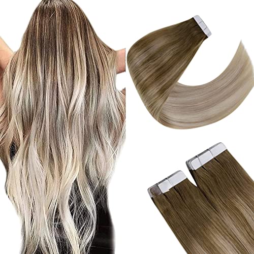 LAAVOO Balayage Tape in Hair Extensions Ombre Light Brown to Ash Blonde with Platinum Blonde Hair Extensions Tape in Real Human Hair Skin Weft Salon Quality 18in 20pcs 50g