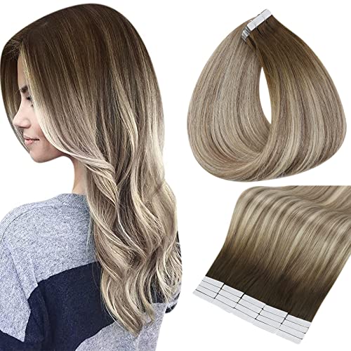 Full Shine Tape in Hair Extensions Human Hair 16 Inch Remy Hair Tape in Extensions 20 Pieces 50 Grams Tape in Real Hair Extensions Dark Roots Color 3 8 22 Brown and Blonde Highlights