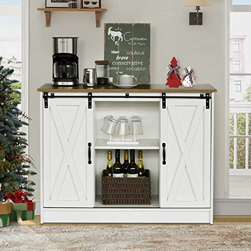 Farmhouse Coffee Bar Cabinet with Sliding Barn Doors, White Buffet Cabinet with Storage, 42" Kitchen Buffet Sideboard Cabinet Cupboard with Adjustable Shelves for Dining Living Room, Kitchen, Entryway