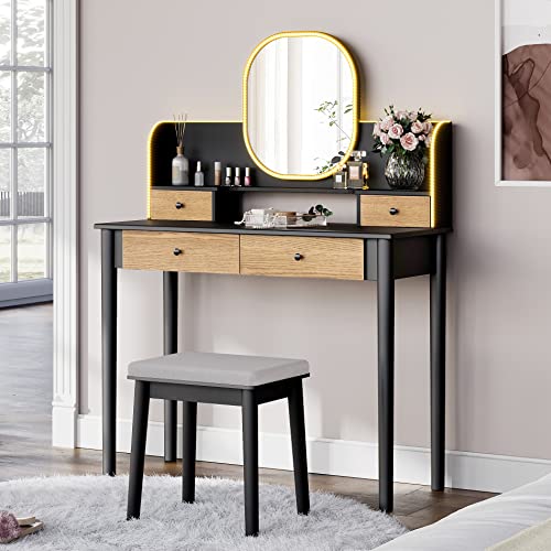 WAMPAT Vanity Table Set with Lighted Mirror, Makeup Vanity with Lights Solid Wood, 4 Storage Drawers Makeup Desk with Cushioned Stool for Women Girls