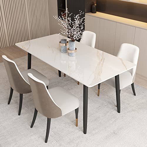 Kitchen Table Rectangle 55 Inch, Dining Table Modern Dining Room Table with White Sintered Stone Top and Metal Legs (White Table 55")