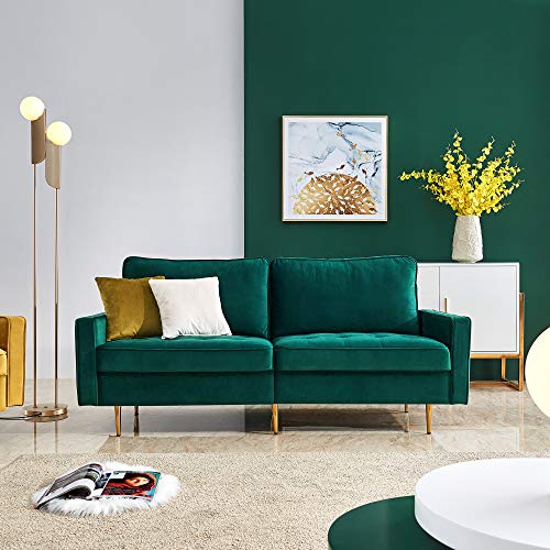 JULYFOX Emerald Green Velvet Fabric Sofa Couch, 70 inch Wide Mid Century Modern Living Room Couch 700lb Heavy Duty with 2 Throw Pillows
