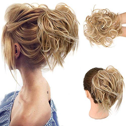 HMD Tousled Updo Messy Bun Hairpiece Hair Extension Ponytail with Elastic Rubber Band Updo Ponytail Hairpiece Synthetic Hair Extensions Scrunchies Ponytail Hairpieces for Women(Tousled Updo Bun, 27T613(Honey Blonde Mix Bleach Blonde))
