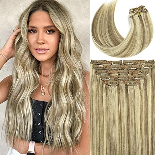 LacerHair Hair Extensions Clip In Human Hair Thick Straight Hair Light Brown Highlights Platinum Blonde Color Clip On Real Hair Extensions Remy Hair 120 Gram 7pcs 16 Inch