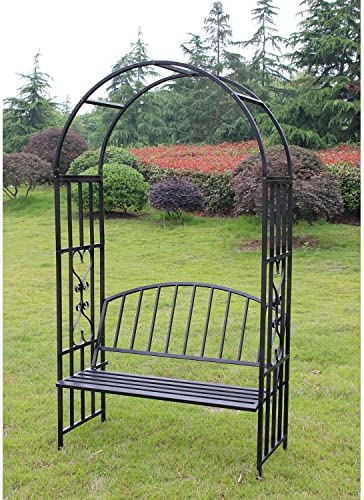 Peach Tree Outdoor Metal Steel Garden Arch with Seat Bench 6' 9" H x 3' 9" W Arbor Weather Resistant Wall Art Climbing Plant Lawn Backyard