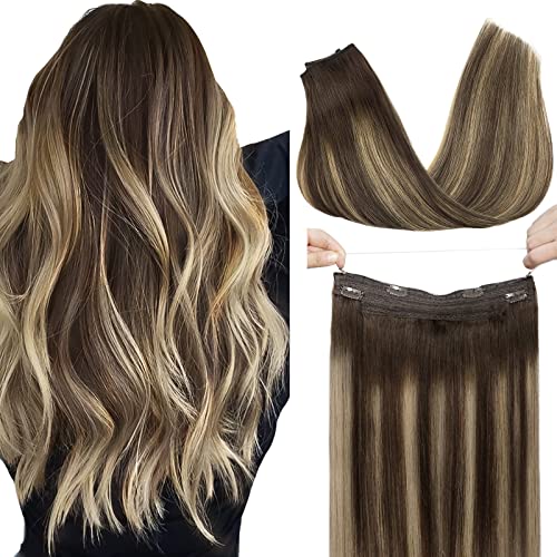 GOO GOO Human Hair Extensions 110g Wire Hair Extensions Remy Hair Balayage Chocolate Brown to Honey Blonde 20 Inch Real Wire Hair Extensions Invisible Hairpiece Secret Extensions