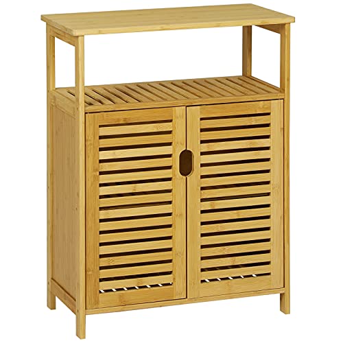 VIAGDO Bathroom Floor Cabinet, Bamboo Storage Cabinet with Doors and Open Shelves, Freestanding Bathroom Cabinet, Side Storage Organizer, Hallway Enteyway Cabinet for Living Room Kitchen