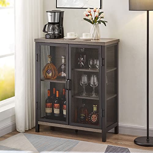 BON AUGURE Industrial Coffee Bar Cabinet with Storage, Farmhouse Wood Metal Accent Cabinet with Shelves, Rustic Small Sideboard Buffet for Kitchen and Dining Room (Dark Grey Oak)